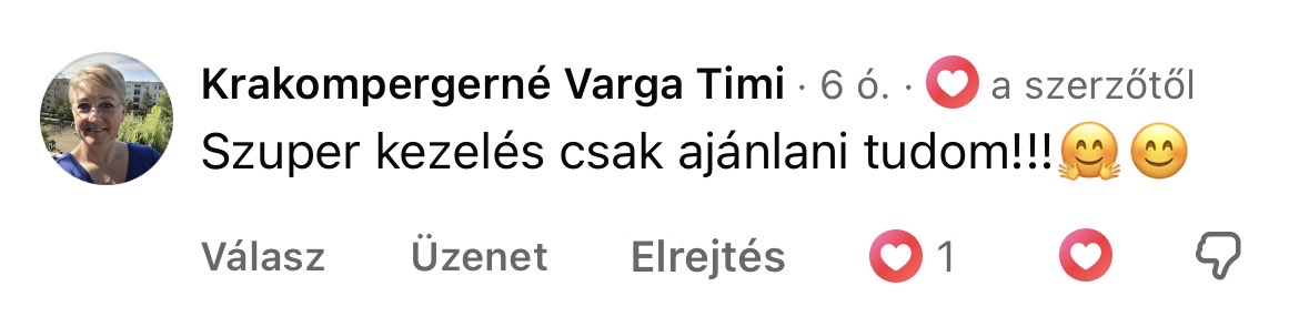 Krakompergerné Varga Timi Facebook-véleménye: „Szuper kezelés csak ajánlani tudom!!!”